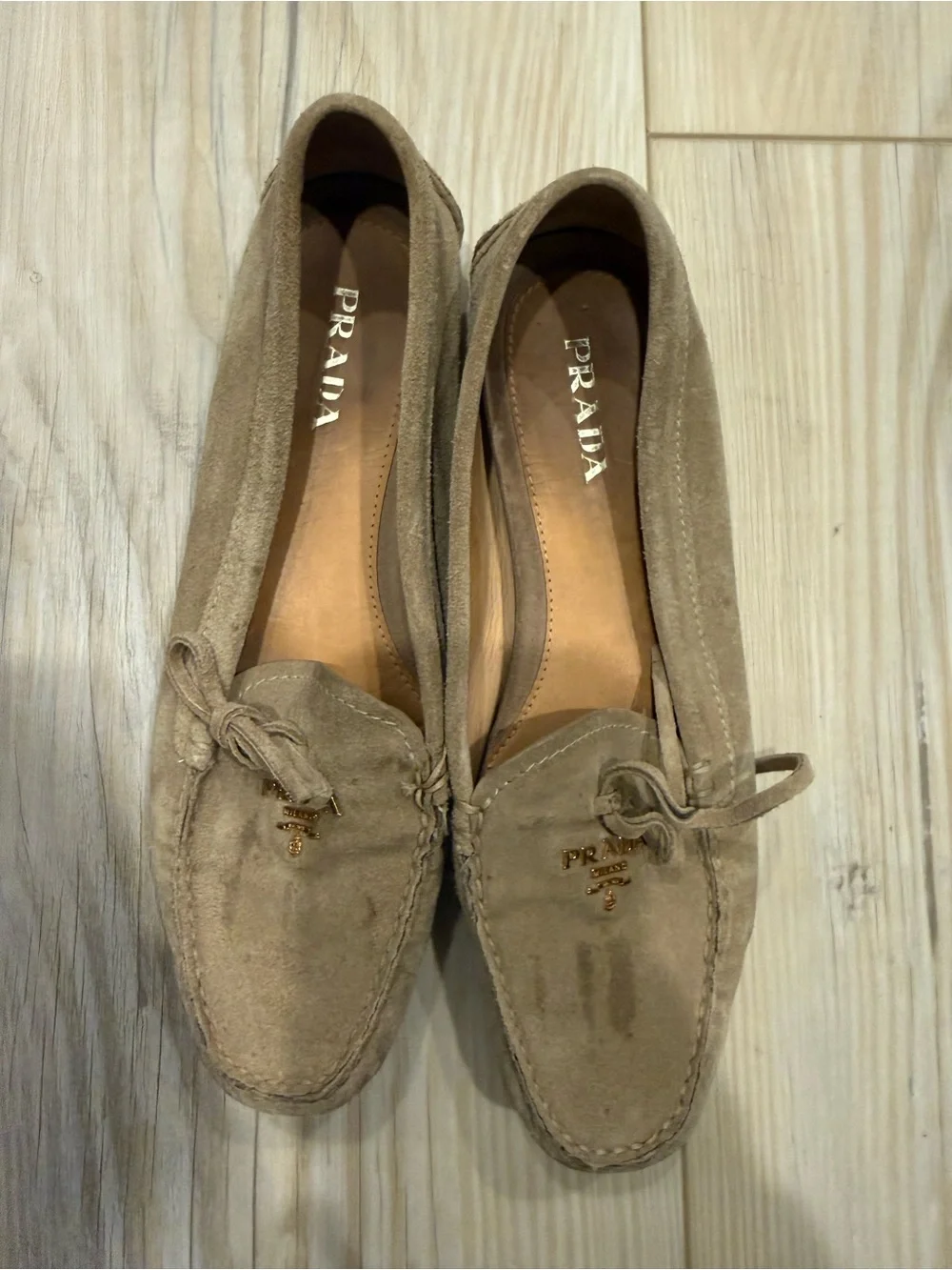 Prada Beige Suede Bow Moccasin Loafers